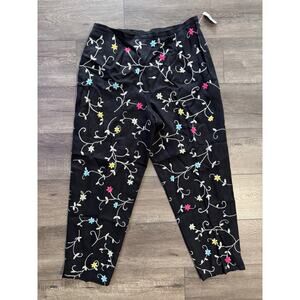 Talbots Black Embroidered Multicolored‎ Floral 100% Linen Pants Size 18 NWT